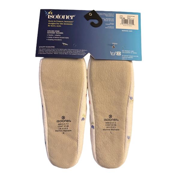 Isotoner Women's White Embroidered Rosebud Terry Ballerina Slippers Sz M 6.5-7.5 - Picture 2 of 7